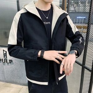 Men's slim fit hooded casual jacket with black and beige color-block design and zipper
