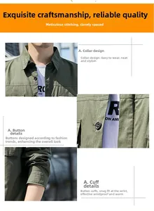 Detail view of army green men's shirt featuring lapel collar and windproof button cuffs
