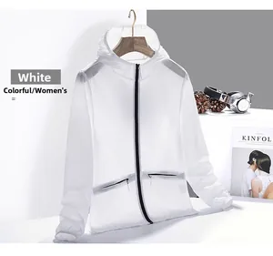 Detail of white translucent sun protection hoodie with black zippers and elastic cuffs