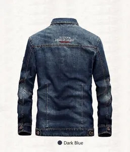 Men's dark blue denim jacket with 'Outdoor American Legend' embroidery on the back