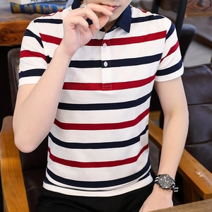 Men's striped cotton Polo shirt with short sleeves and navy blue collar in classic fit