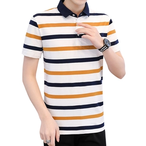 Men's stylish striped cotton polo shirt with navy collar and breathable summer fabric