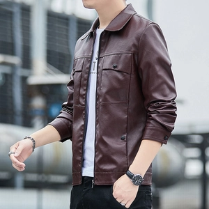 Men's slim fit dark brown faux leather jacket with lapel collar and chest flap pockets