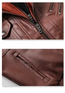 Détail de la fermeture éclair en métal et de la poche latérale sur veste en similicuir brun