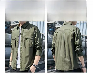 Detailed front and back view of army green men's long sleeve outdoor utility shirt