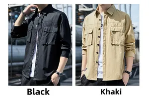 Detail view of men's casual cargo shirts in black and khaki with double chest pockets