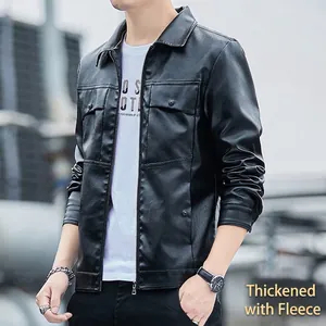 Men's black PU leather jacket with fleece lining, zip-up front, and multi-pocket design