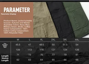 Detailed size chart for men's business casual jacket showing measurements and fabric specs