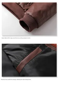 Détails des poignets côtelés et de la poche intérieure d'une veste en cuir marron