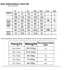 Detailed size chart for men's casual long sleeve shirts from M to 5XL with measurements