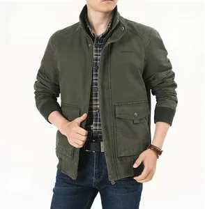 Detailed view of military green casual jacket featuring a stand collar and large flap pockets
