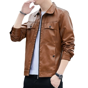 Men's slim fit brown faux leather biker jacket with flap pockets and classic collar style
