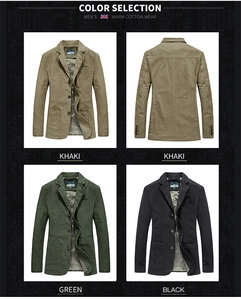 Detail view of cotton blazer jackets in khaki, green and black with striped lining