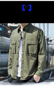 Outdoor military green men's long sleeve shirt featuring functional double chest pockets