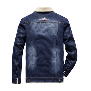 Men's winter fleece-lined denim jacket with warm sherpa collar and back embroidery