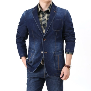 Men's deep blue denim blazer with orange contrast stitching and three patch pockets
