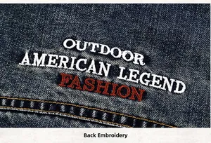 Detailed white and red embroidery of Outdoor American Legend on dark blue denim jacket
