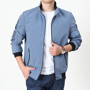 Light blue men's stand-up collar casual jacket with black ribbed cuffs and zipper pockets