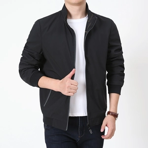 Men's reversible black stand collar casual jacket with rib cuffs and smooth zipper closure