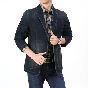Men's vintage dark blue denim blazer with patch pockets and structured shoulders