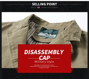 Detail of military cotton jacket neck with striped lining and woven mountain label