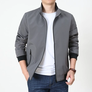 Men's casual grey stand collar jacket with FREE sleeve print and ribbed trims