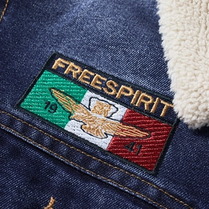 Winter thermal denim jacket with warm fleece collar and classic eagle embroidery patch