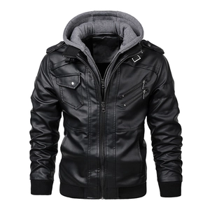 Veste Homme Décontractée en Similicuir PU Avec Capuche Amovible Style Motard Manteau Zippé Multi Poches Outwear pour Homme Hiver Automne
