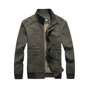 Men's olive green stand collar casual jacket with utility pockets and ribbed cuffs