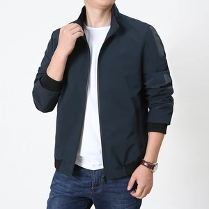 Men's navy blue stand collar casual jacket with zipper pockets and ribbed cuffs