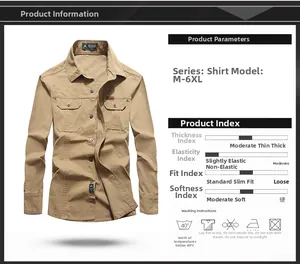 Detail view of khaki long sleeve outdoor shirt featuring dual pockets and size chart M-6XL