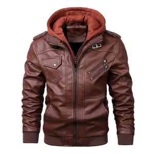 Blouson motard marron pour homme avec capuche amovible bordeaux et finitions côtelées