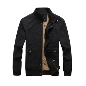Men's black stand collar casual jacket with cargo pockets and maple leaf printed lining
