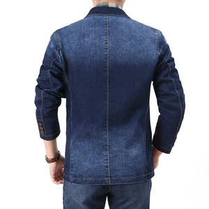Men's dark blue denim suit jacket with back seam and yellow stitching details
