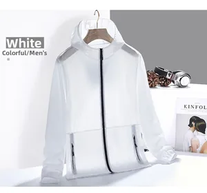 Detail of white hooded sun protection jacket with black zipper and elastic cuffs for men