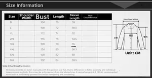 Size information chart for cotton long sleeve casual shirts from M to 6XL with measurements