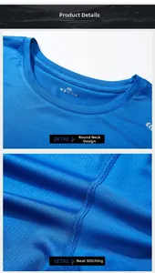 Detail von Rundhalsausschnitt und sauberen Nähten am blauen atmungsaktiven Mesh-T-Shirt