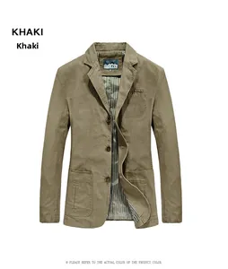 Detail of khaki men's business casual blazer showing large utility pockets and fabric