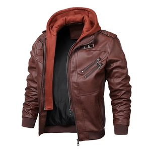 Veste en cuir marron pour homme avec capuche orange amovible et fermetures éclair