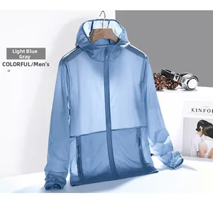Detailed view of light blue-grey hooded sun protection jacket with zipper and elastic cuffs