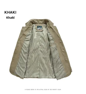 Detail of khaki twill jacket showing striped lining and button-front construction