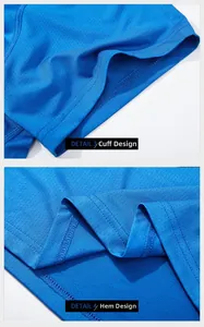 Detailansicht der Ärmelbündchen und des doppelt genähten Saums am blauen Eisseiden-T-Shirt