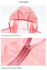 Detail view of pink sun protection jacket with hood, zipper and lightweight fabric