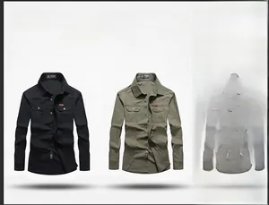 Detail view of men's casual long-sleeve cotton shirts with dual breast pockets