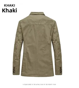 Back view of men's khaki casual jacket showing stand collar and reinforced elbow patches