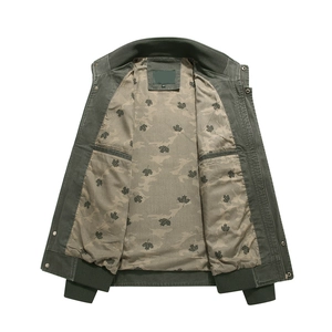 Men's casual army green zip-up jacket with camo leaf lining and ribbed trim