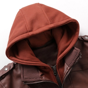 Blouson en similicuir marron foncé pour homme avec capuche amovible rouge rouille