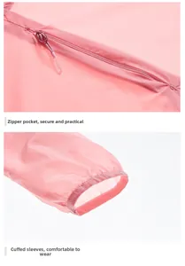 Detail view of pink sun protection jacket with zippered pocket and elastic cuffs