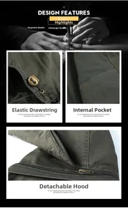 Detail of olive green jacket featuring adjustable drawstring and detachable hood zipper