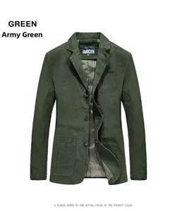 Detail of army green casual cotton blazer showing notch lapels and striped inner lining